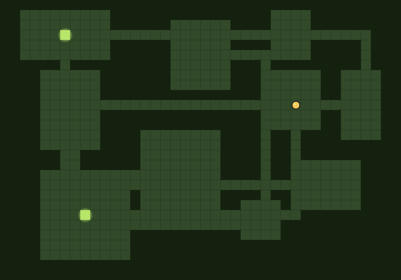 A seeded Aracstory world tile — rooms, corridors, a yellow player at the spawn, and two glowing exit portals connecting to neighbouring tiles