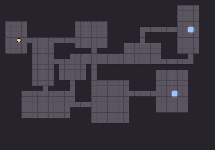 A generated Aracstory world tile — coloured cells of rooms and corridors laid out from a seed