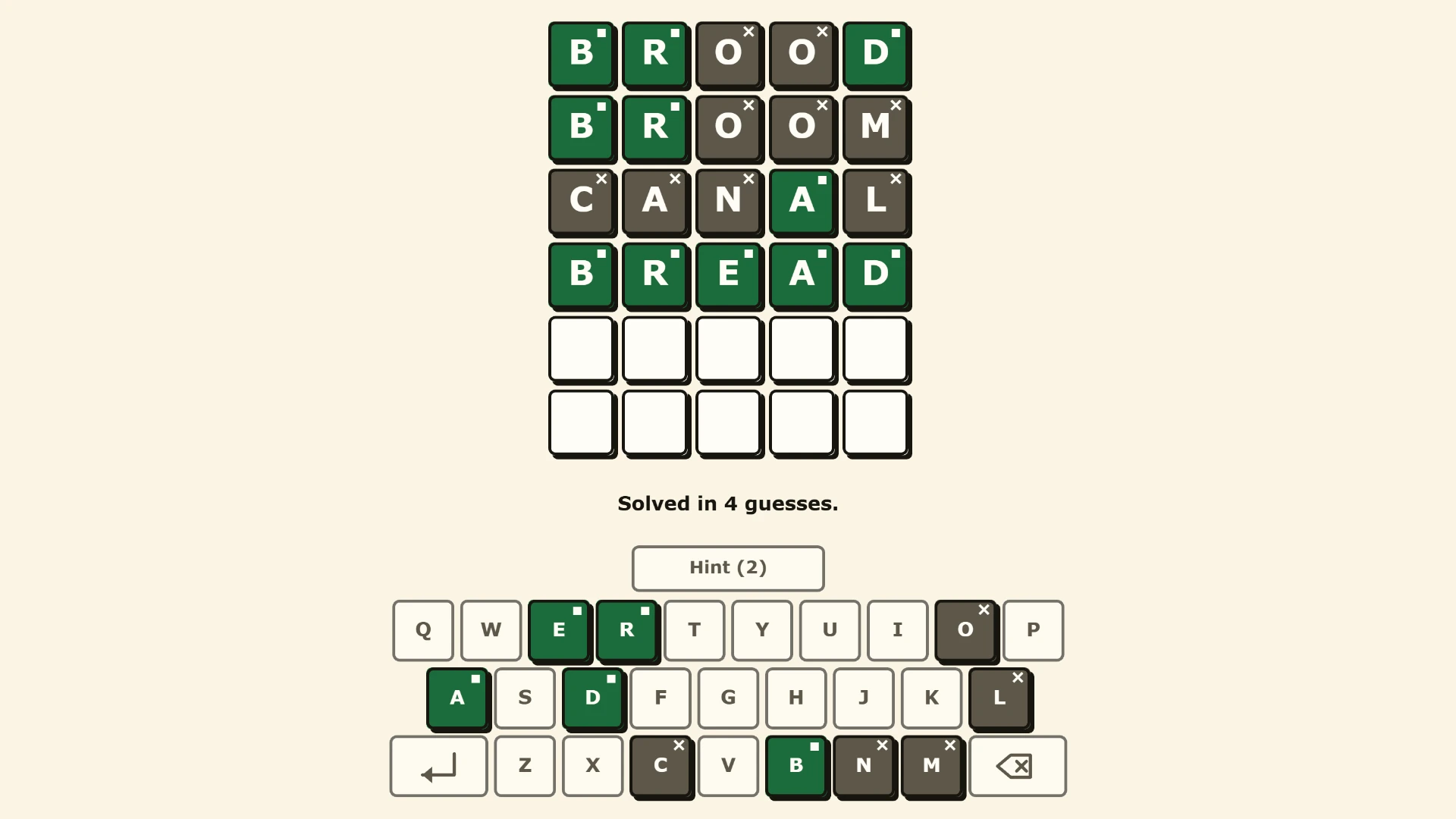 Guesswise solved in four guesses - BROOD, BROOM, CANAL, BREAD - on large letter tiles, with the keyboard below