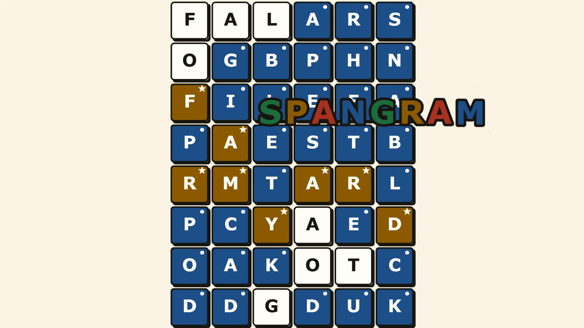 Gridseek: an eight-row grid of blue and gold letter tiles with SPANGRAM drawn across the middle