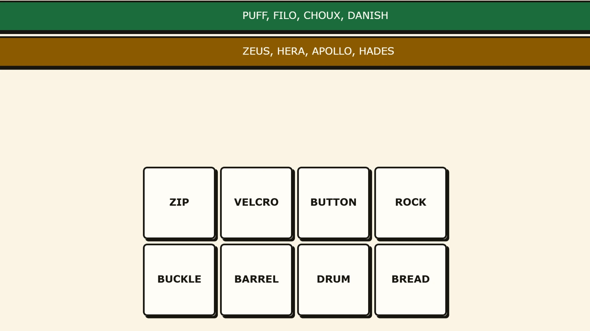 Groupseek with two groups solved, pastries and Greek gods, above eight word tiles still to sort