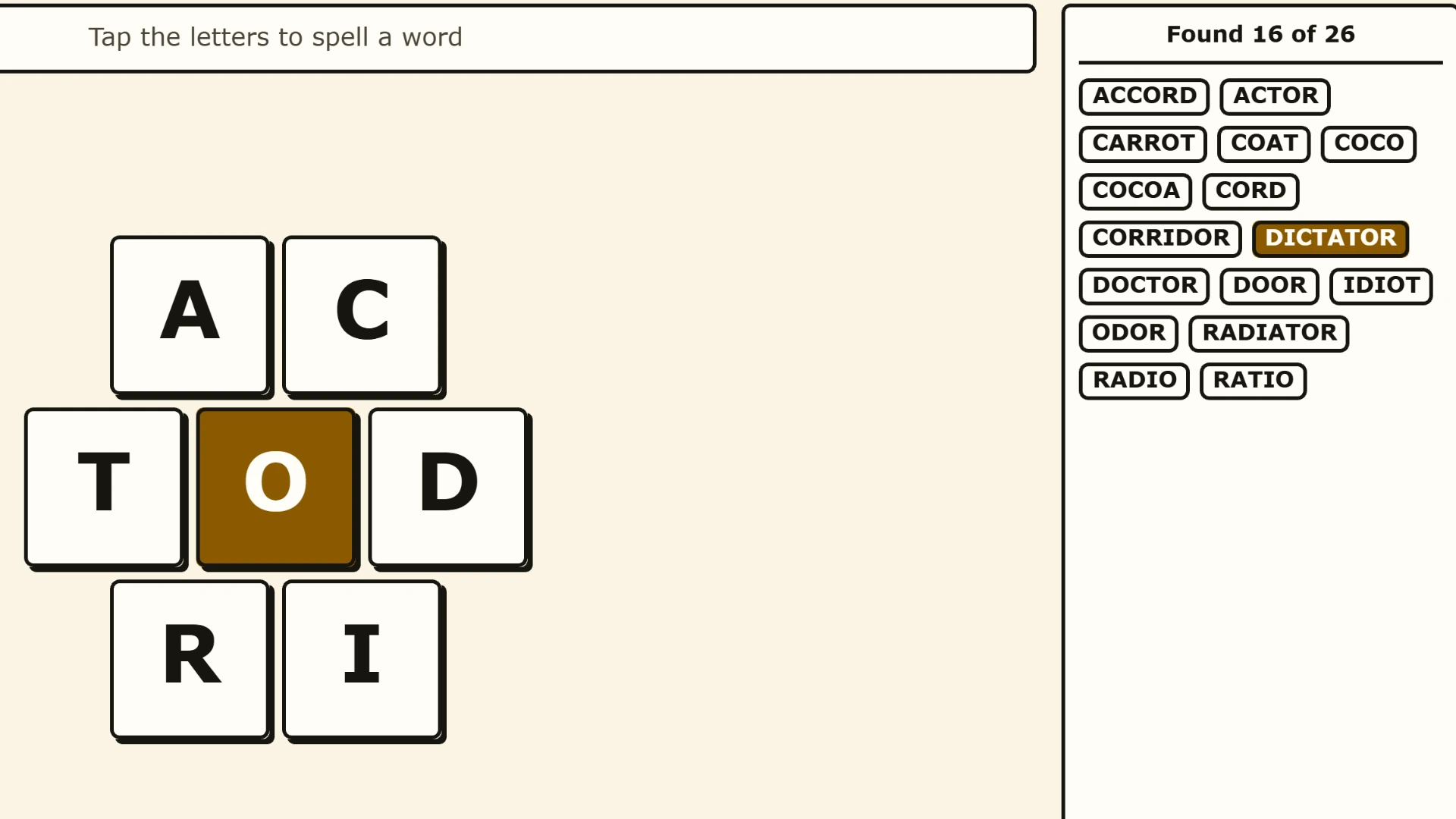 Combword: seven large letter tiles around a gold O, with the words found so far listed at the right
