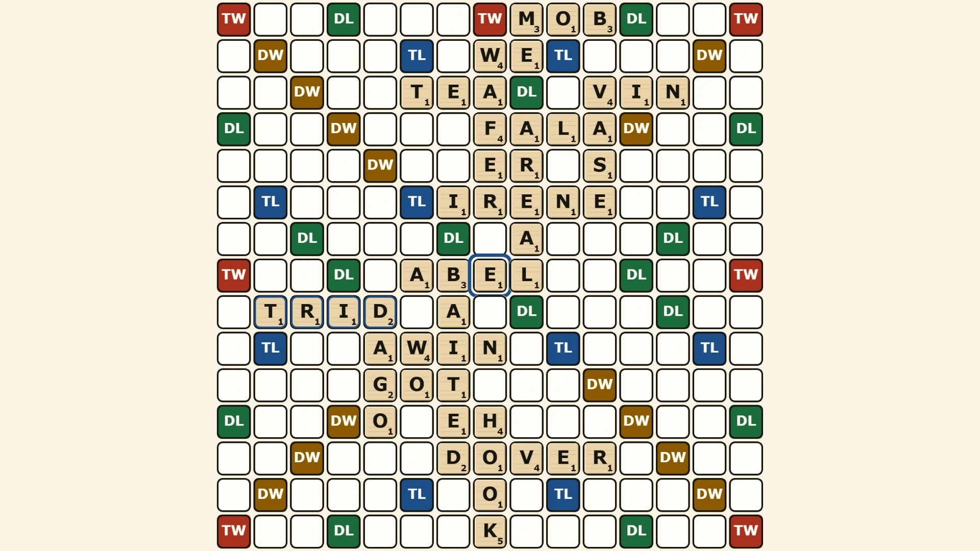 Letterloft: the fifteen by fifteen board part-way through a game, words laid across the coloured premium squares