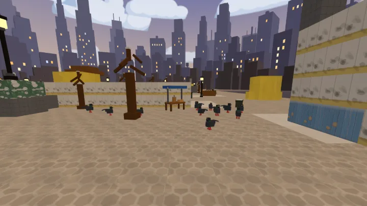 Splatbarn, Central Park Rink: pigeons on hex pavers at dusk with a voxel city skyline behind