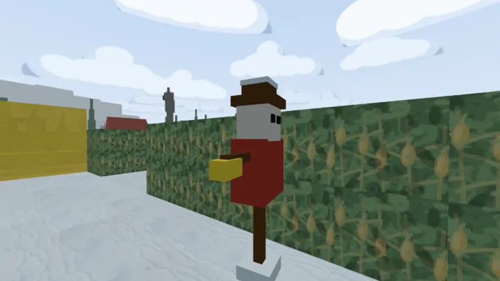 Farm Maze: a lane between walls of tall corn with a farmer soldier in it