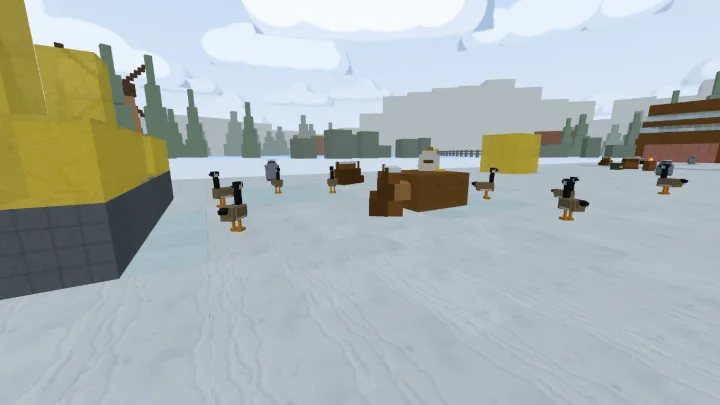 Snow Farm: two barns, a frozen field and a tractor lane, with geese standing about