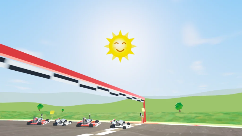 A grid of eight karts under the red start gantry on Sunflower Circuit, a smiling sun overhead