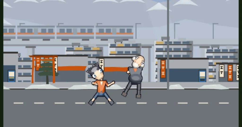 Two cel-anime fighters mid-exchange on a grey street, a raised train line and tower blocks behind them