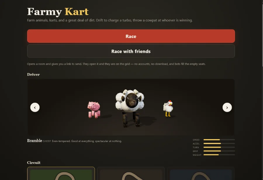The Kartzoom menu: Race and Race with friends buttons, a driver carousel with a pig, a sheep and a chicken, a stat bar chart, and three circuit cards