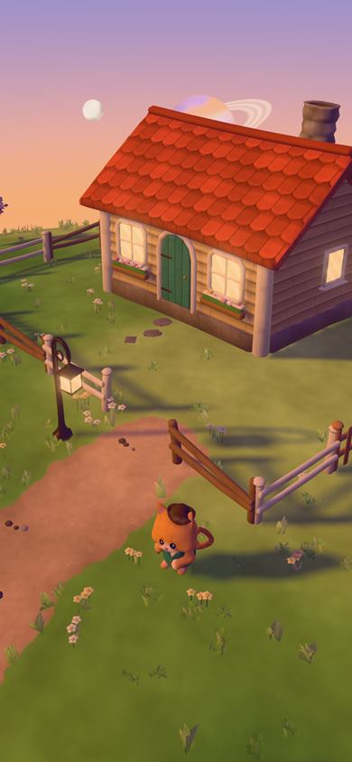 The phone view at dusk in spring: the same cottage under a lilac and peach sky, with the lamp just lit and the cat by the path