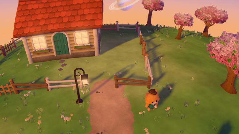 Spring at dusk: pink blossom trees along a wooden fence, a cottage with an orange tiled roof, long shadows across the grass and a peach-coloured sky