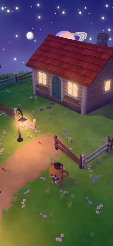 The phone view on a summer night: the cottage seen from above with glowing windows, a lamp by the path, stars, a small moon and a ringed planet overhead, and the cat in the flowers