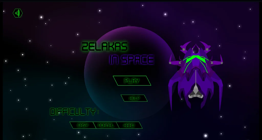 Zelakas In Space title screen: a purple alien craft beside a dark planet, neon green menu type over a starfield