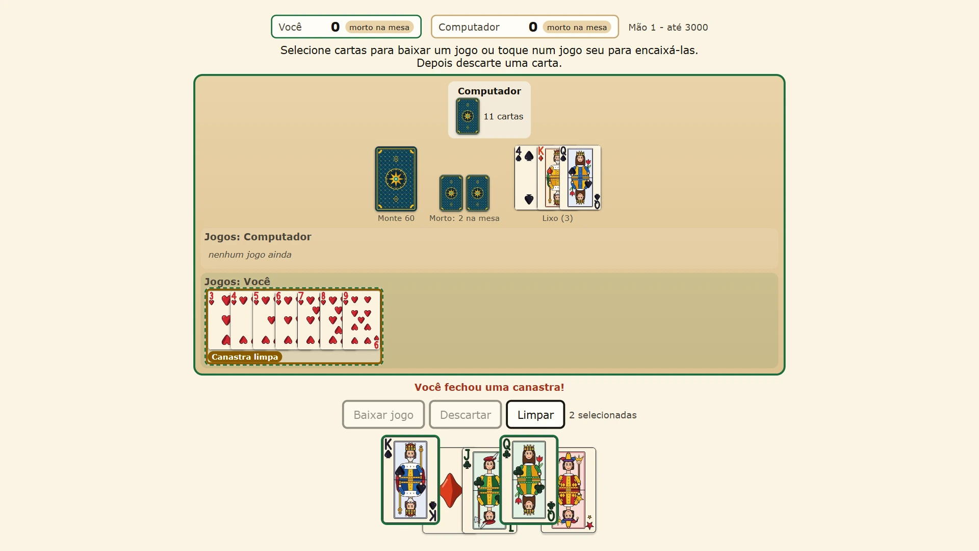 A 1 vs 1 hand against the computer, with the stock, the morto and the discard pile in the middle