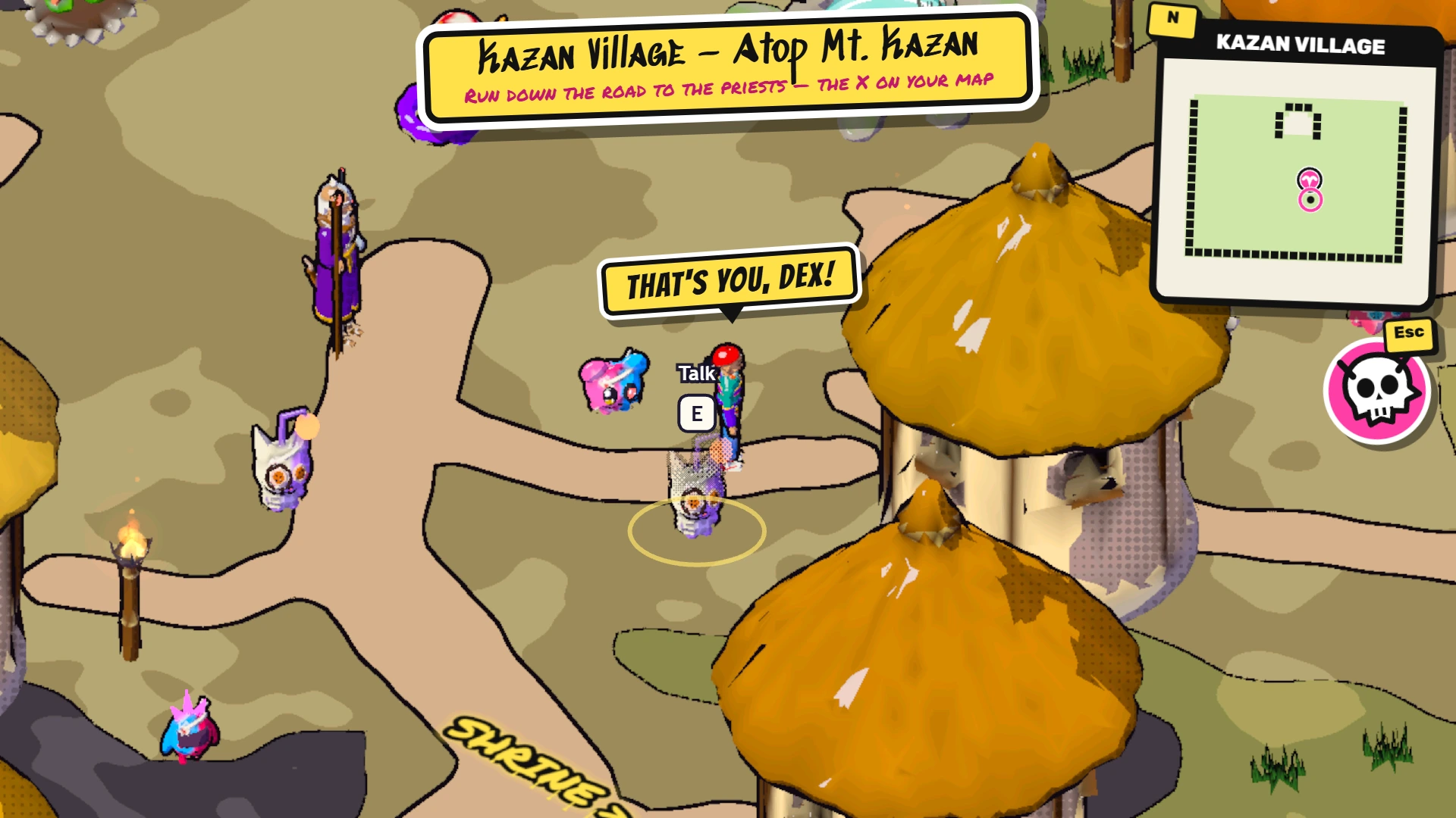 Dachis: Dex in Kazan Village while a villager calls out "That's you, Dex!", the village map in the corner