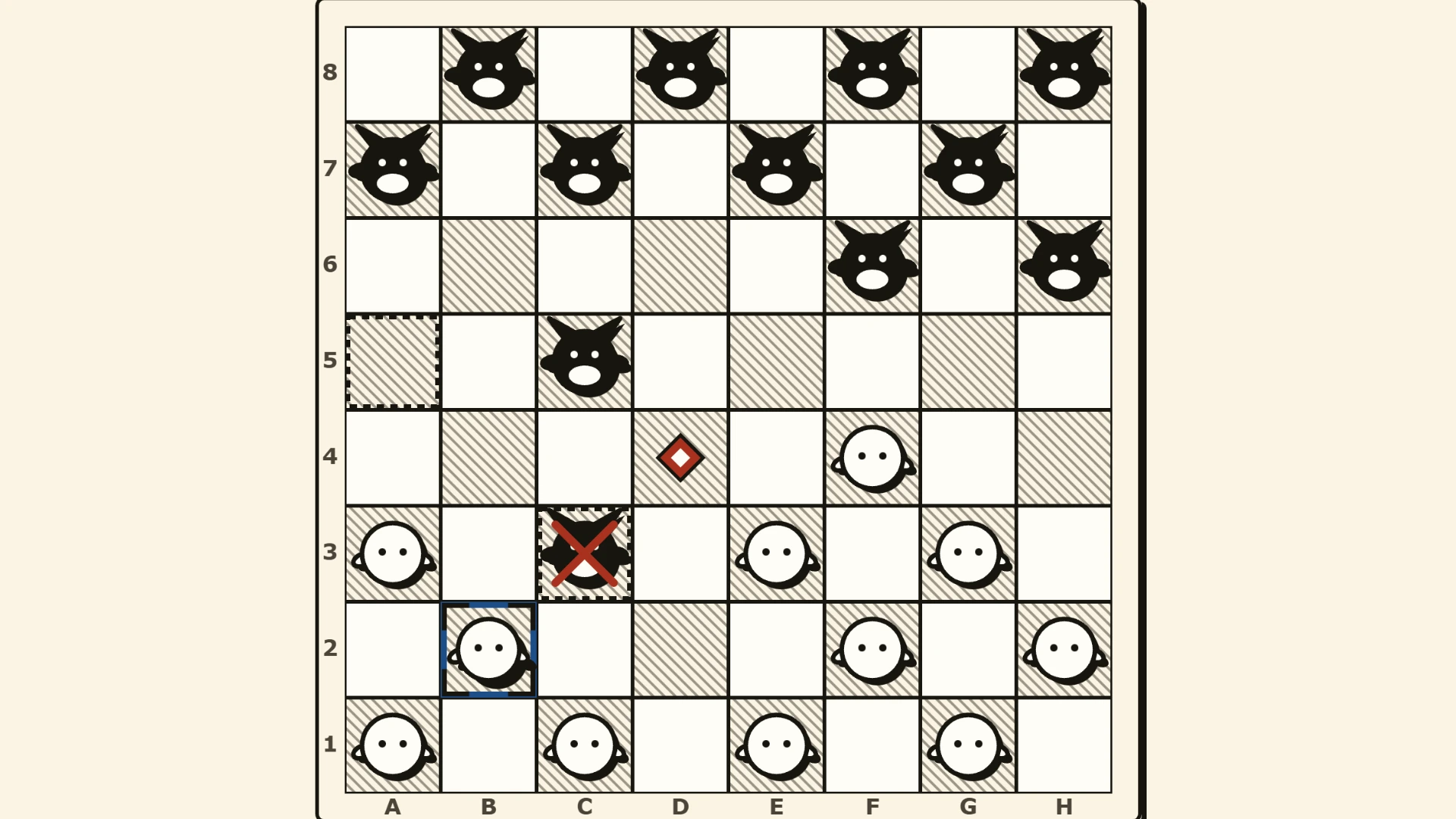 Jumpwise mid-game, with a capture marked on the board