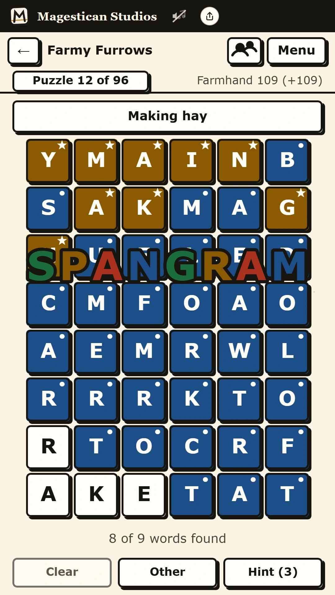 Wordburrow on a phone: the Making hay grid with its spangram found