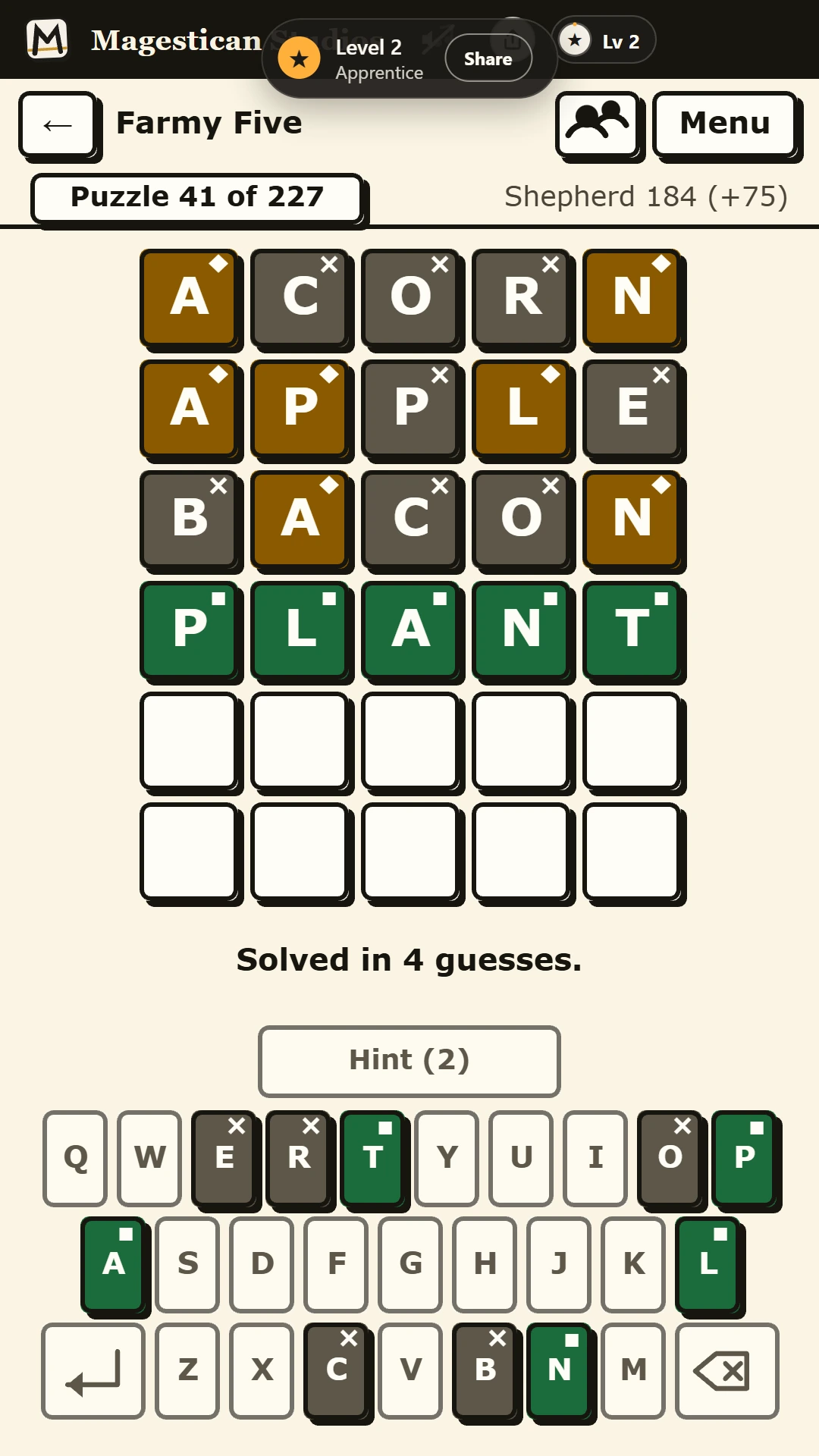 Wordburrow on a phone: a five-letter puzzle solved in four guesses