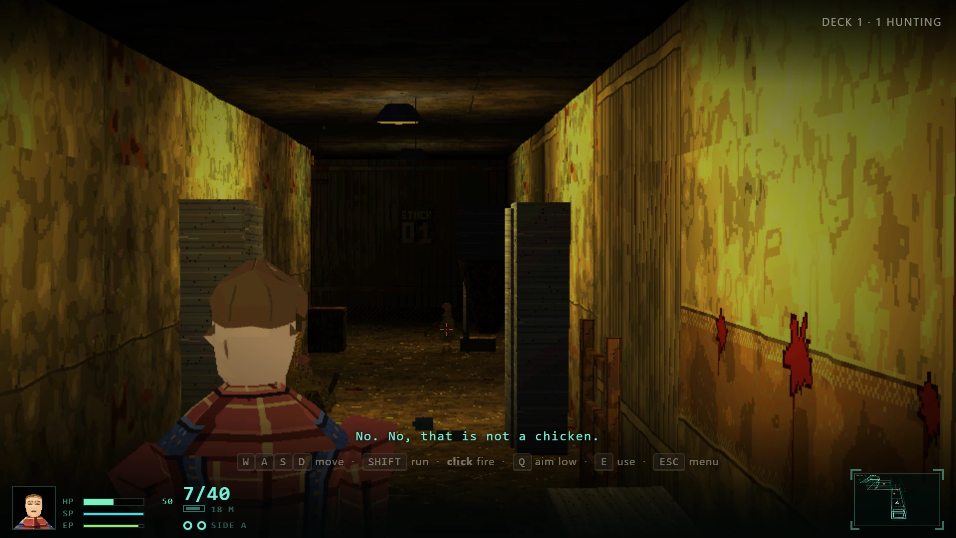 Evil Hills: the farmer in a blood-spattered corridor, health and ammunition along the bottom of the screen