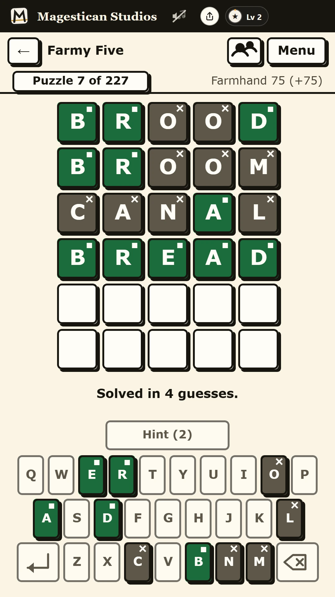 Guesswise on a phone, solved in four guesses