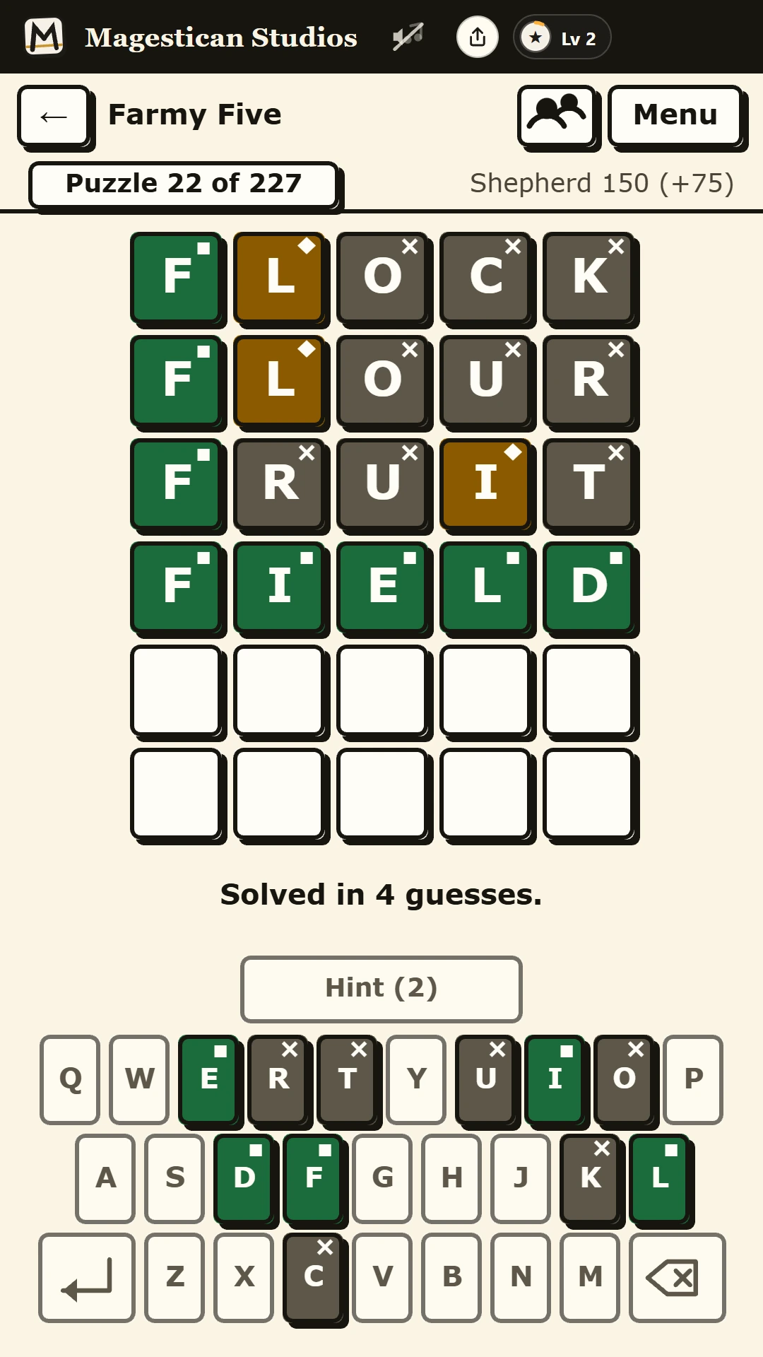 Guesswise on a phone: FLOCK, FLOUR, FRUIT and FIELD