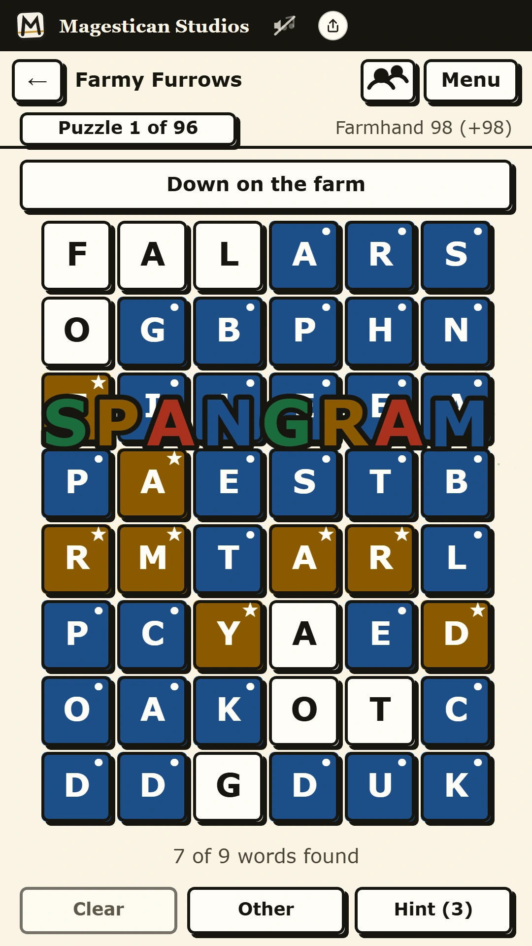 Gridseek on a phone: the Down on the farm grid with its spangram found