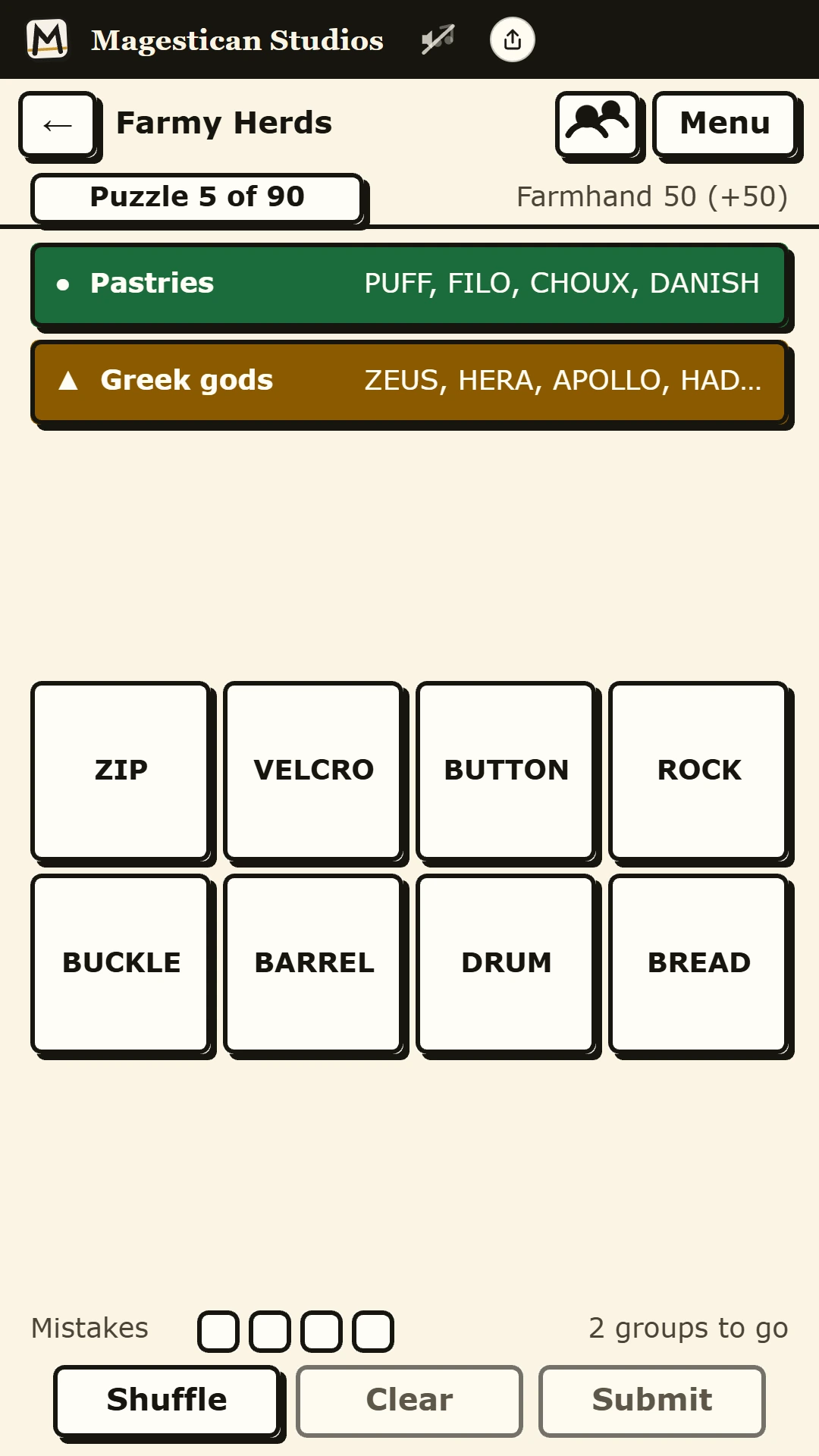 Groupseek on a phone with the pastries and Greek gods groups solved