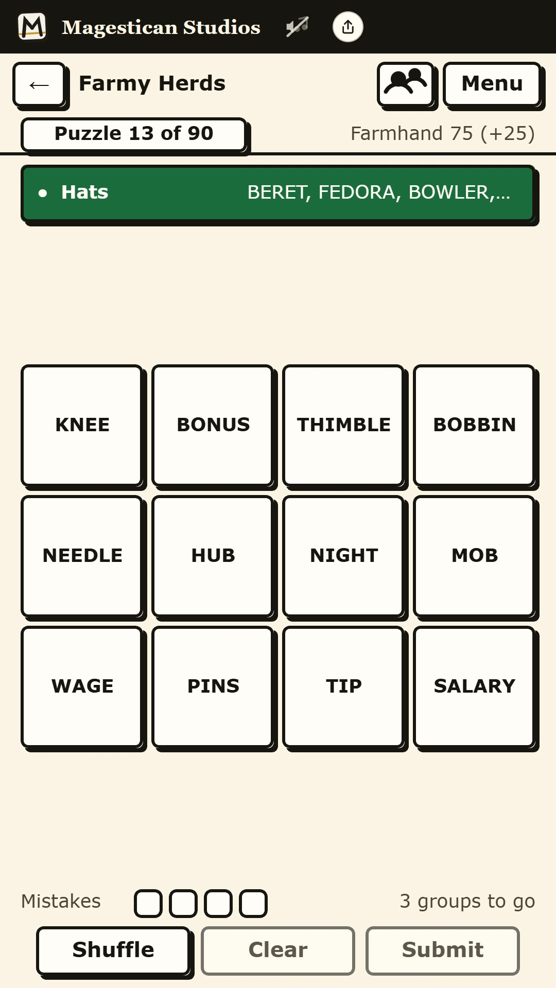 Groupseek on a phone with one group solved and twelve words left
