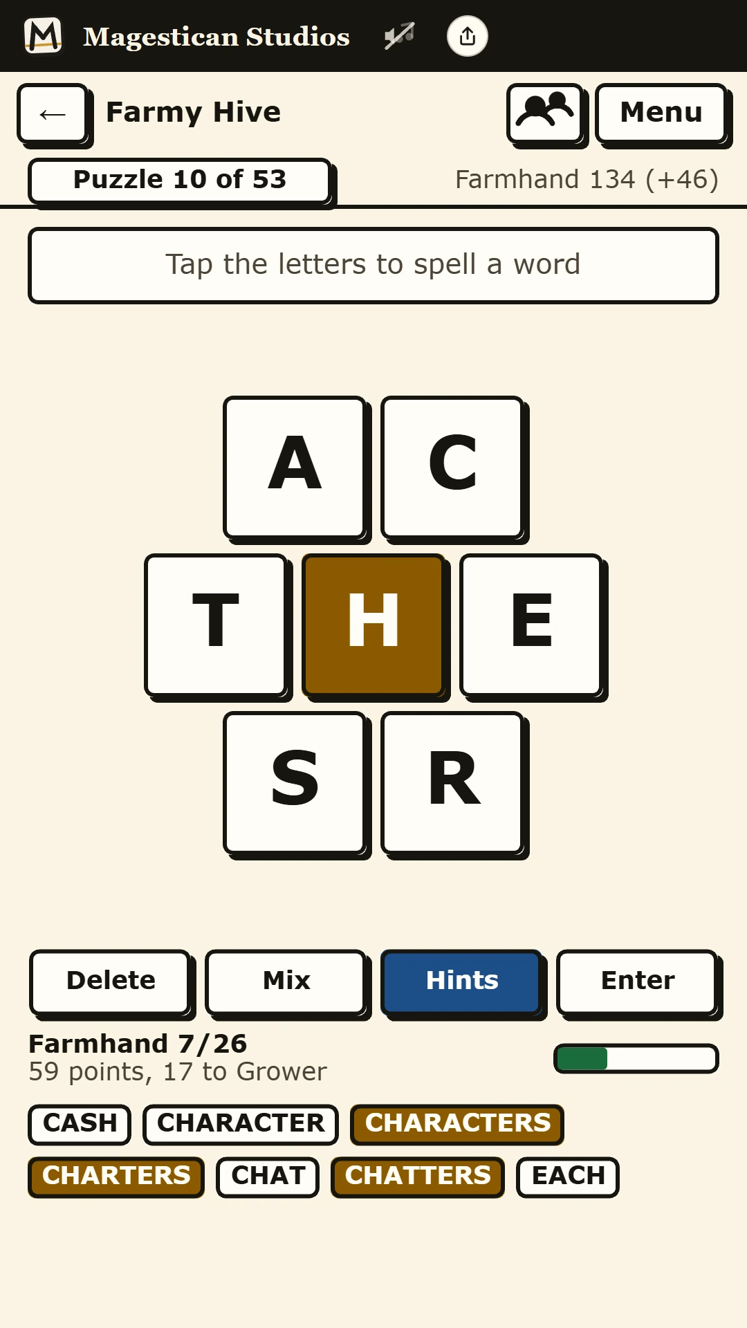 Combword on a phone: a hive around a gold H