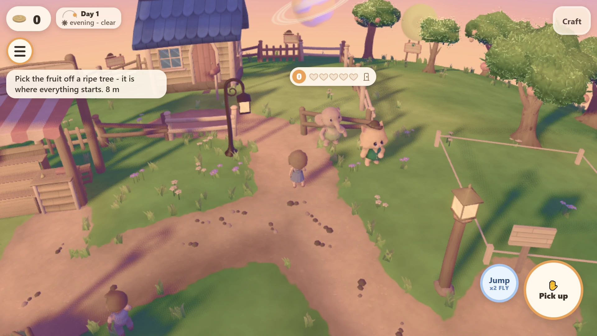 Moon Life: the farm in the evening, a path leading past the cottage and the fruit trees