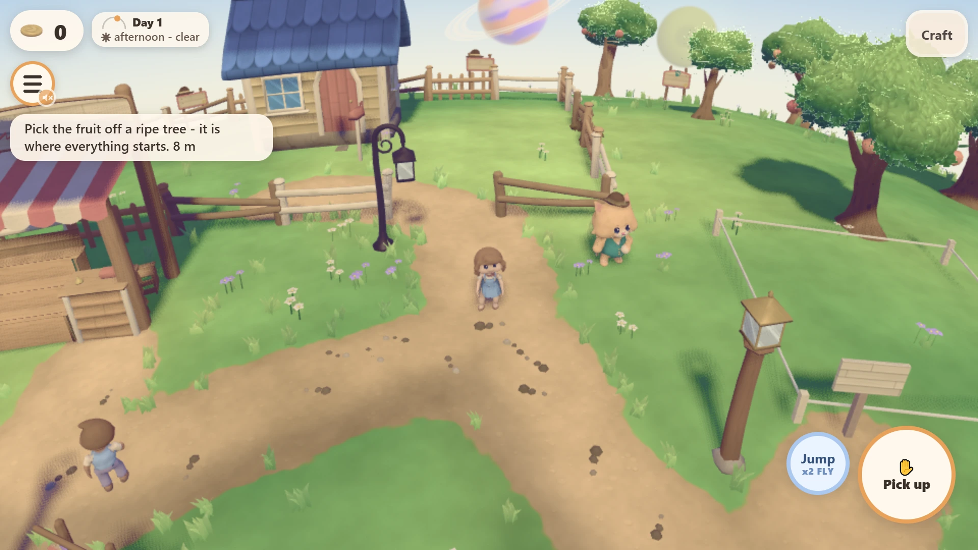 Moon Life: the same farm in the afternoon, with the Jump and Pick up buttons