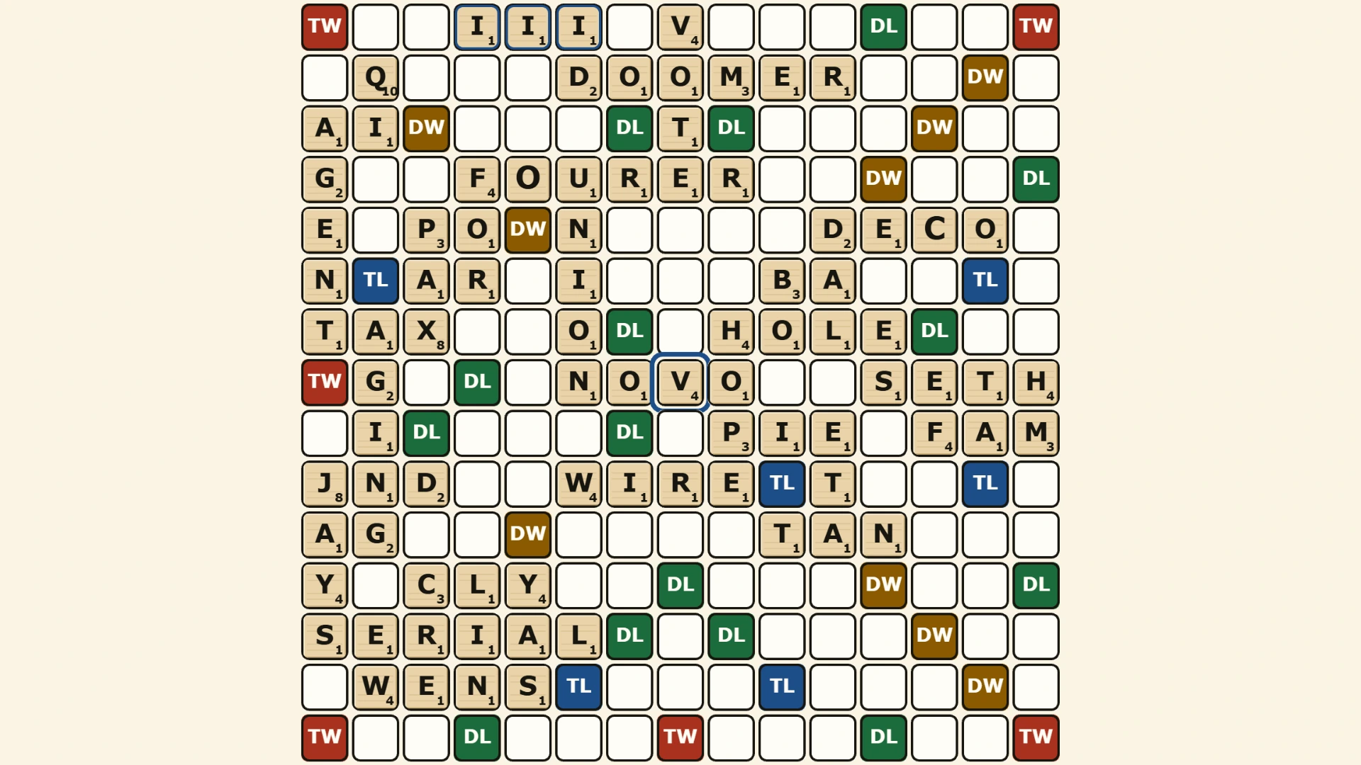 Letterloft: a nearly full board late in a game