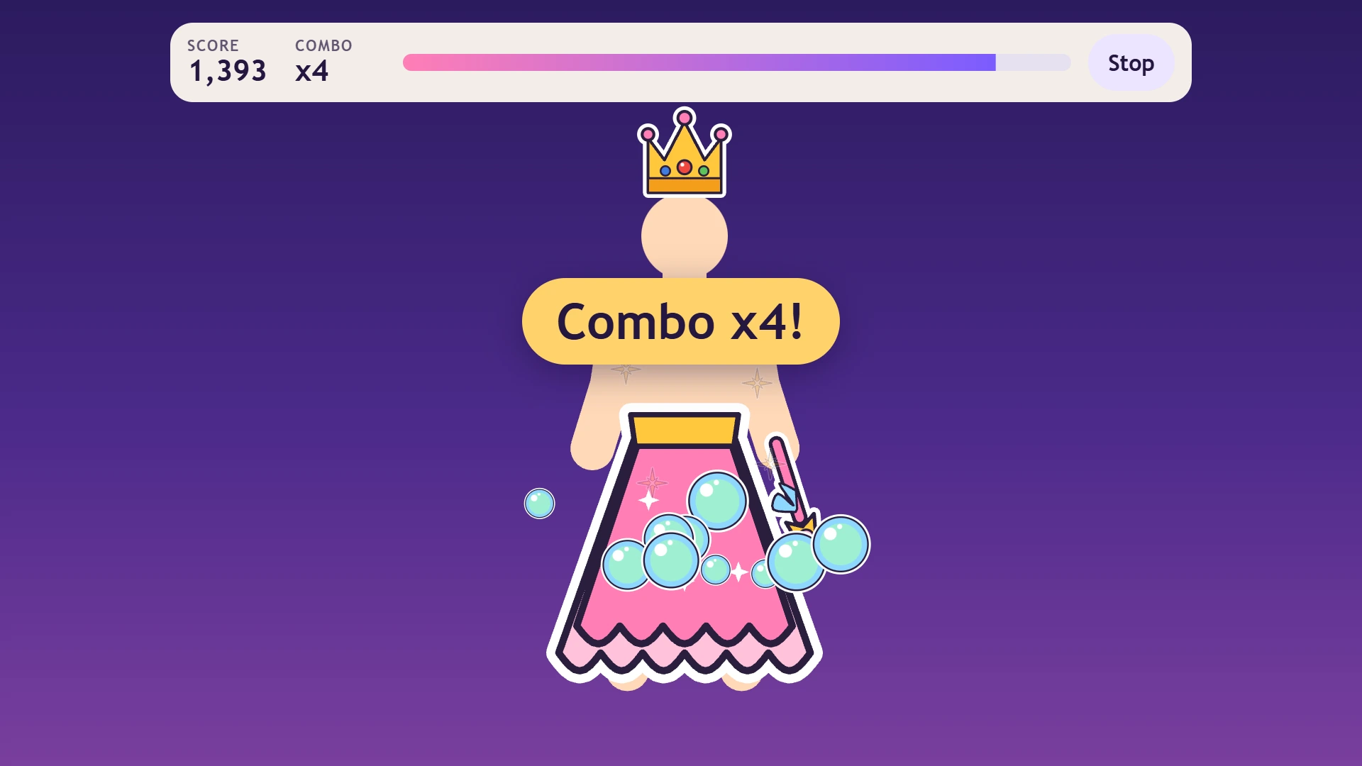 A scored round: the demo player as a princess crouches and potion bubbles rise, with a four times combo