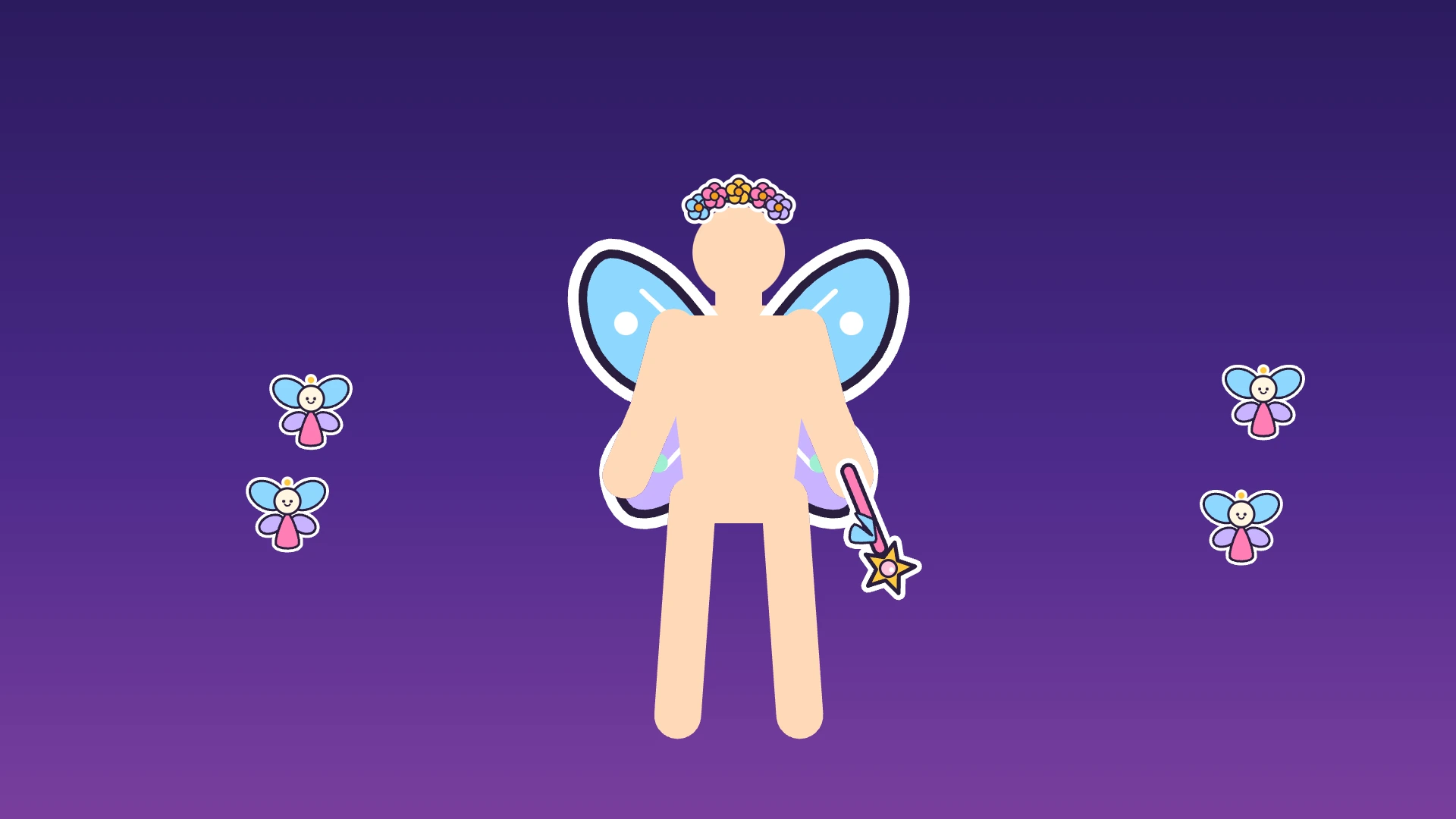 The demo player as a fairy with wings and a flower crown, as four little fairies fly in from the edges