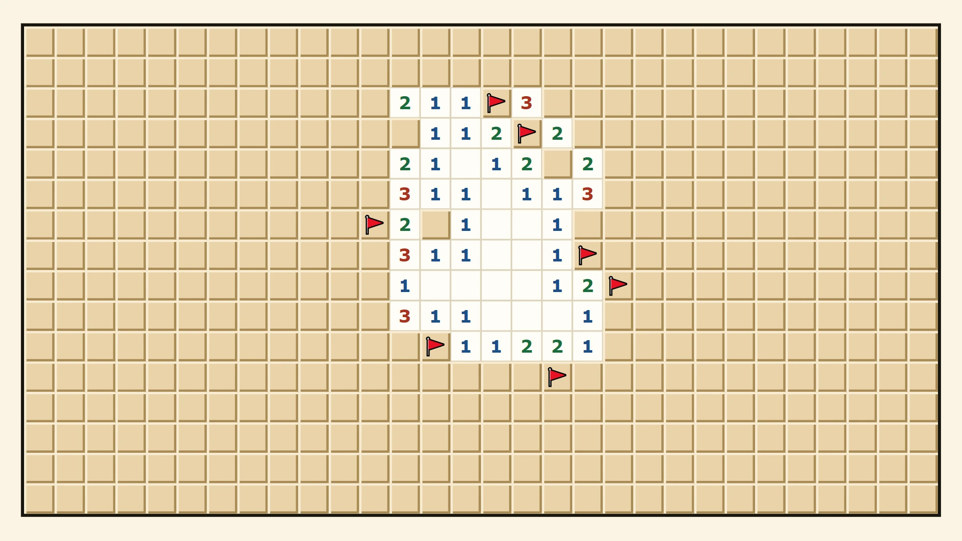 An Expert board in progress, with flags on the mines found so far