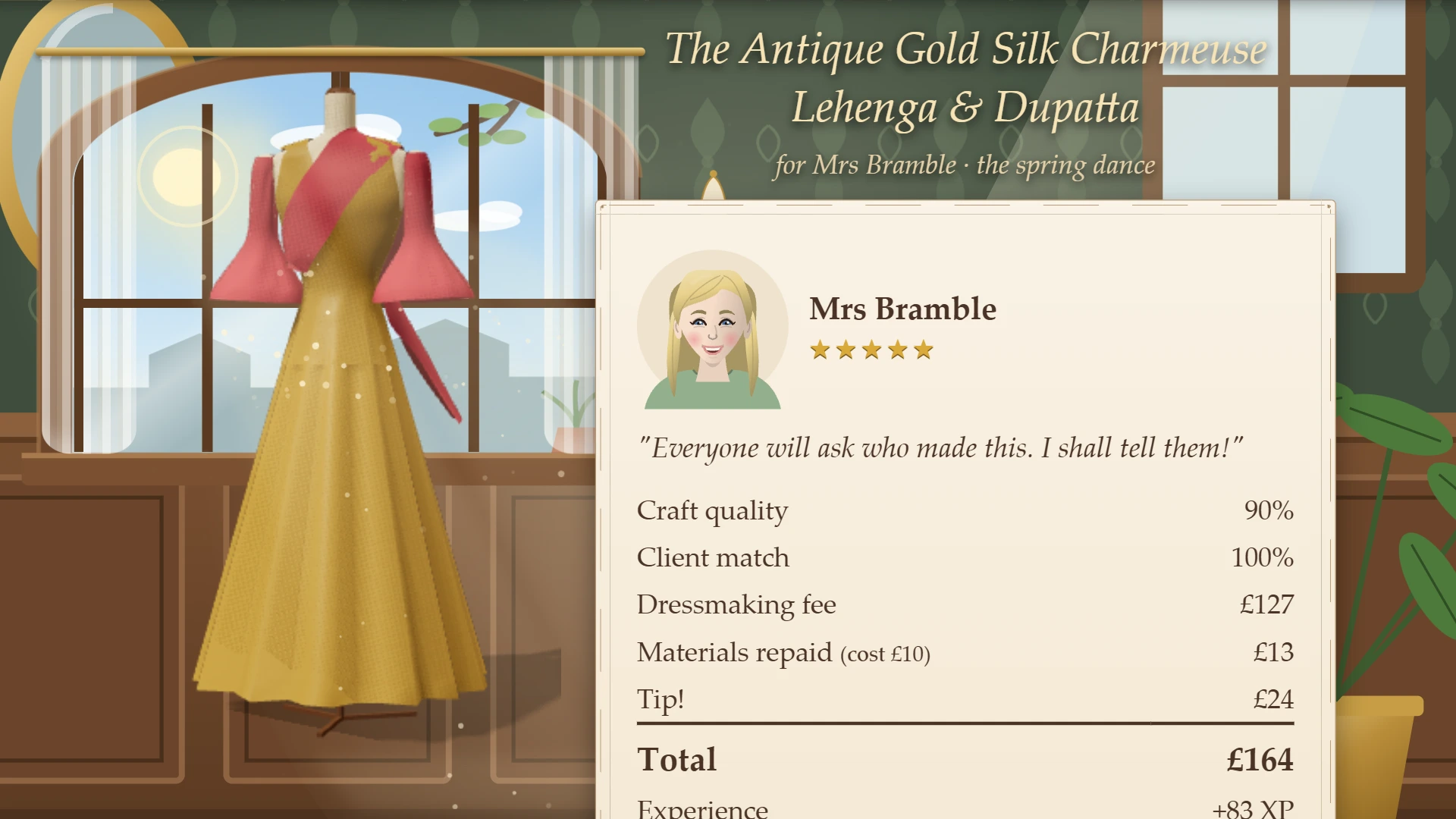 Silk & Seam: an antique gold lehenga and dupatta finished for Mrs Bramble, with her review and the fee