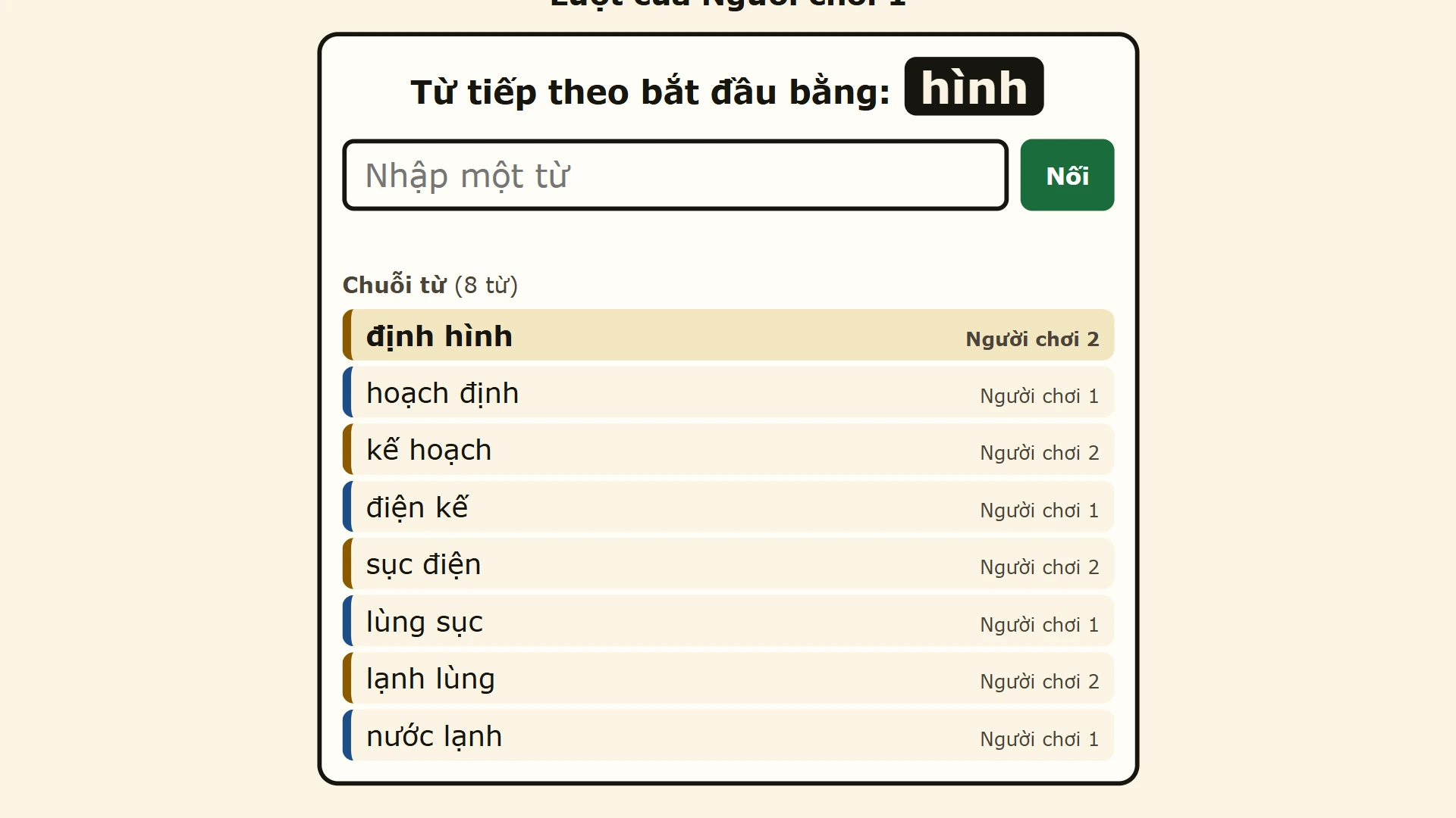 A game of noi tu, eight words in, with the syllable the next word must start with